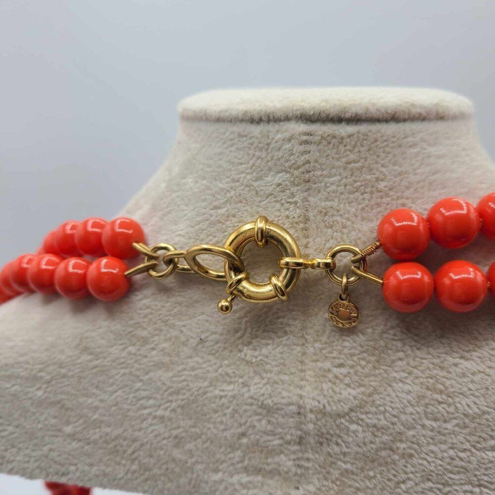 J Crew Reddish Orange Double Strand Beads with Gold Tone Crystal Seahorse - Picture 4 of 8